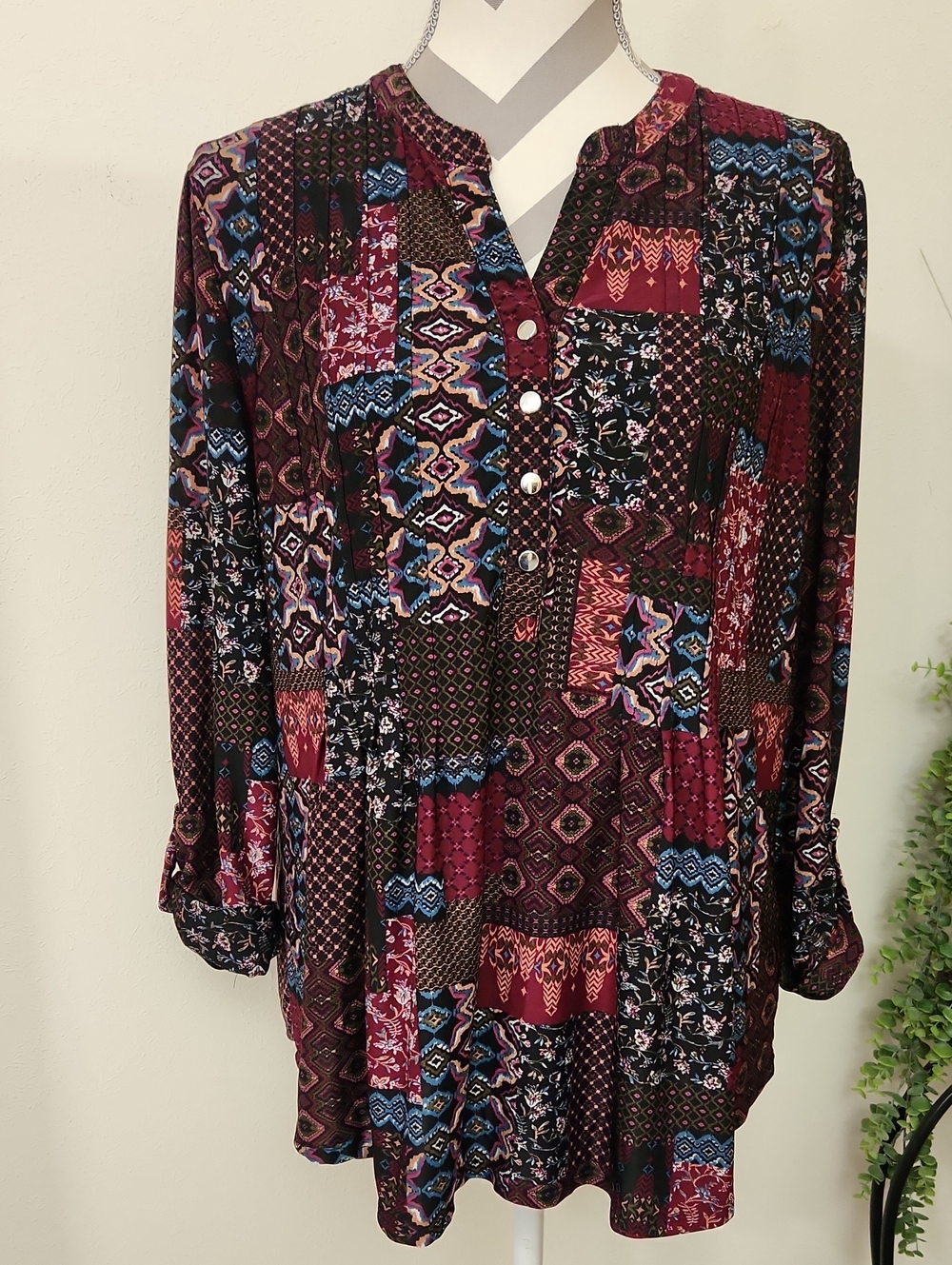 Cocomo Button-Front Patchwork Tunic Top in Burgundy Multi